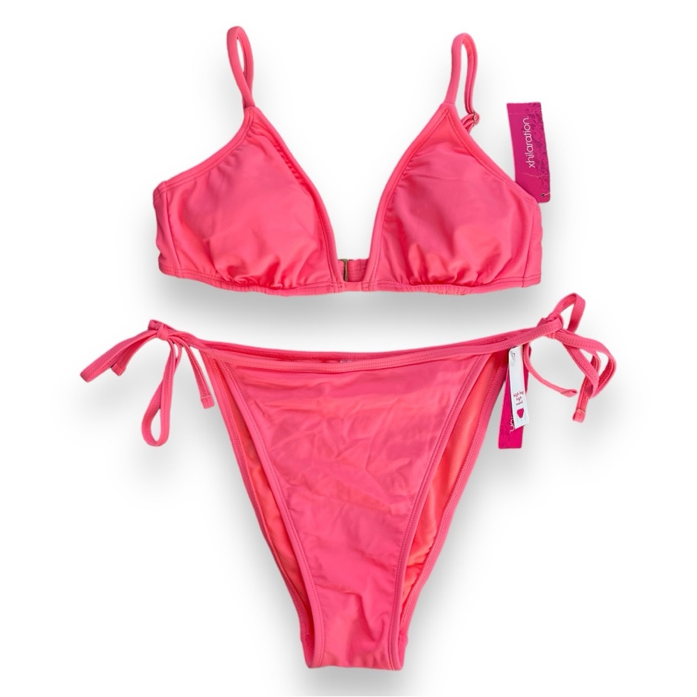 Xhilaration Bright Coral Classic Triangle High Waist High Cut Leg Bikini Set - Picture 3 of 6